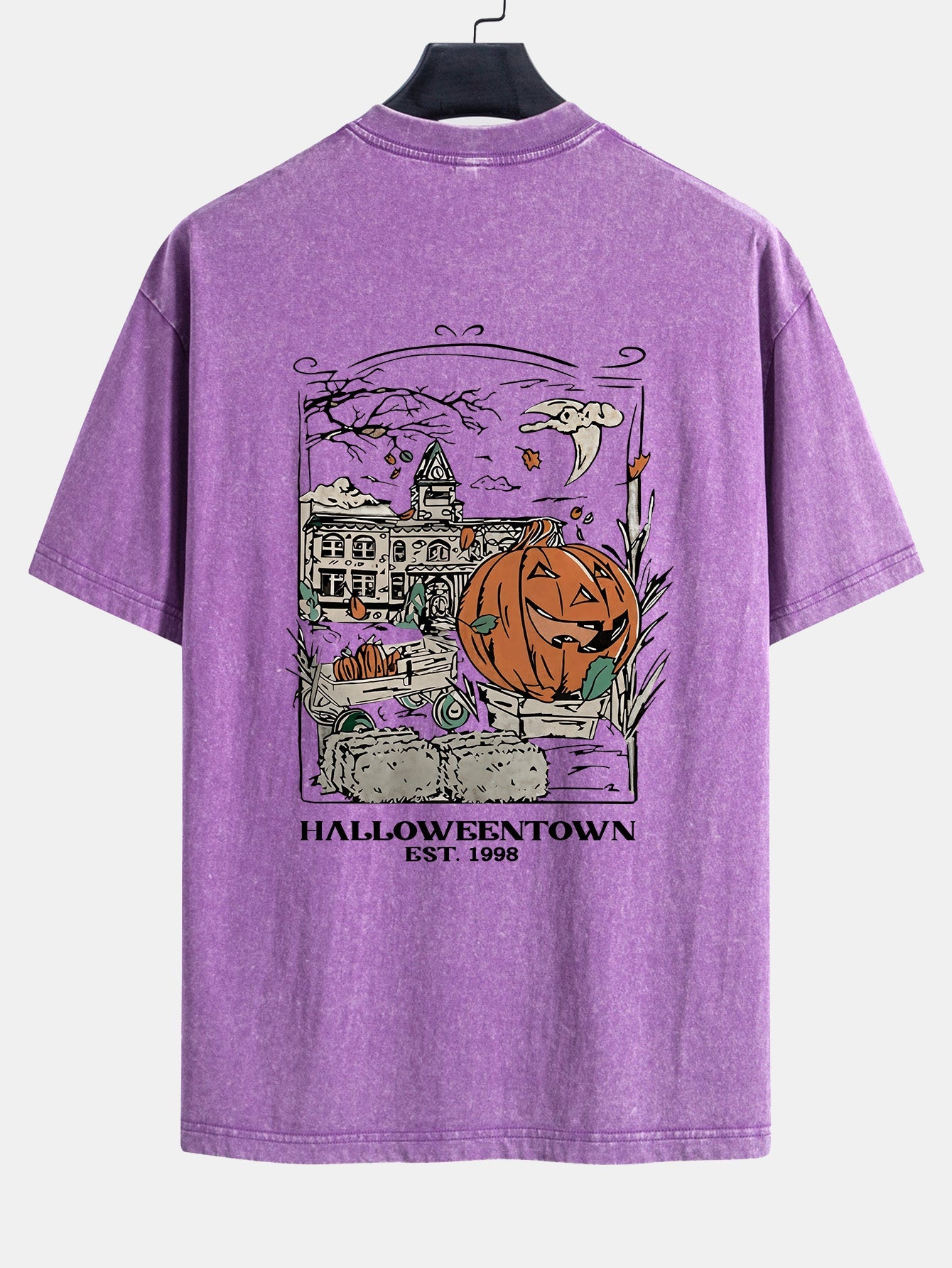 Halloween Pumpkin Town Print Washed Distressed Drop Shoulder T-Shirt