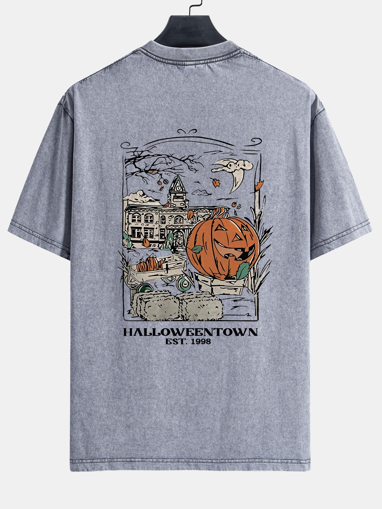 Halloween Pumpkin Town Print Washed Distressed Drop Shoulder T-Shirt