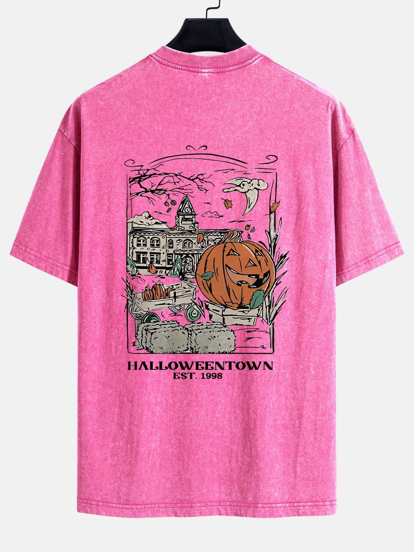 Halloween Pumpkin Town Print Washed Distressed Drop Shoulder T-Shirt