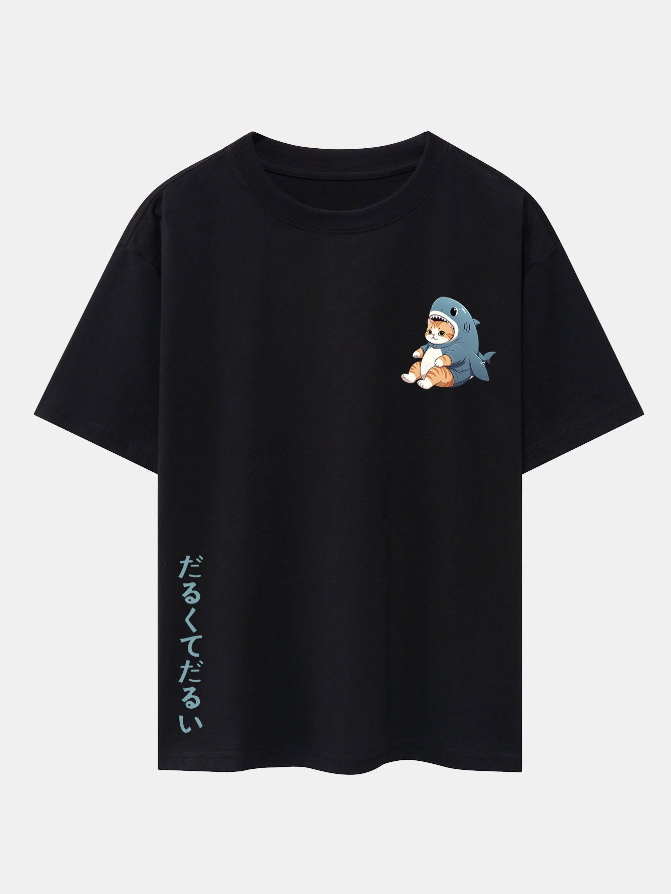 Cat In Shark Costume Print Drop Shoulder Oversize T-Shirt