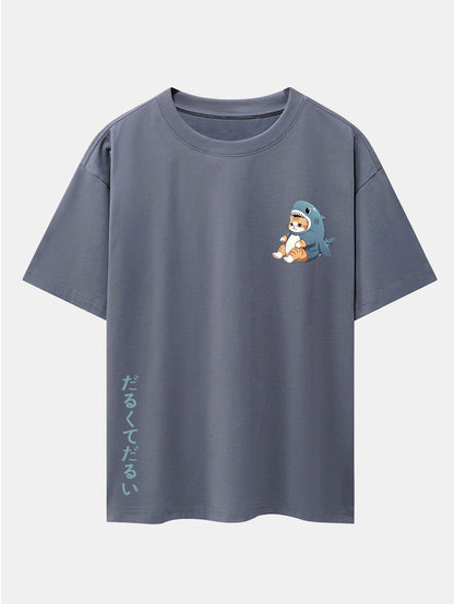 Cat In Shark Costume Print Drop Shoulder Oversize T-Shirt