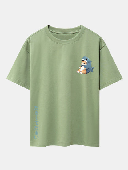 Cat In Shark Costume Print Drop Shoulder Oversize T-Shirt