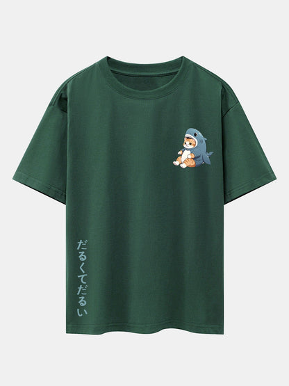 Cat In Shark Costume Print Drop Shoulder Oversize T-Shirt