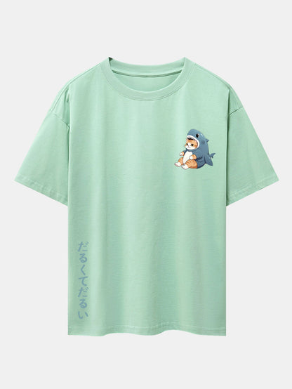 Cat In Shark Costume Print Drop Shoulder Oversize T-Shirt
