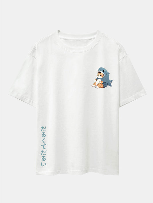 Cat In Shark Costume Print Drop Shoulder Oversize T-Shirt