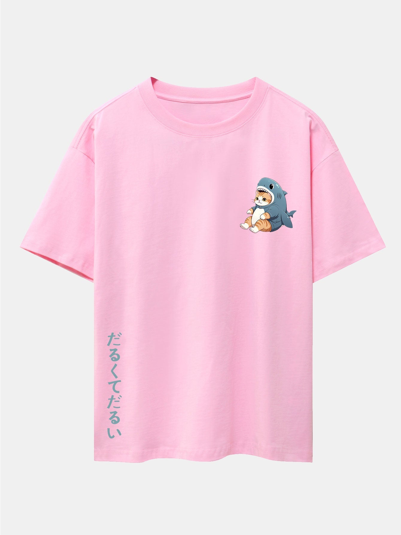 Cat In Shark Costume Print Drop Shoulder Oversize T-Shirt