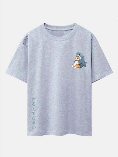 Cat In Shark Costume Print Drop Shoulder Oversize T-Shirt