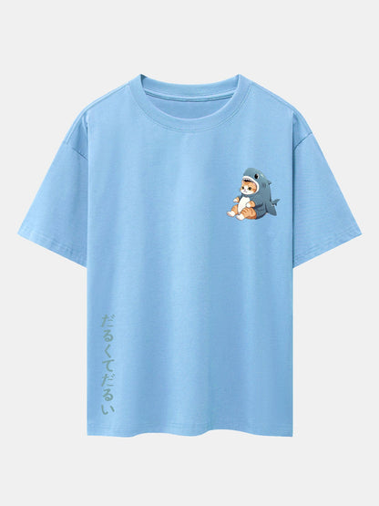 Cat In Shark Costume Print Drop Shoulder Oversize T-Shirt