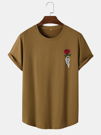 Rose Skull Hand Print Arc Hem T-Shirt