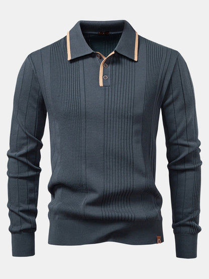 Long Sleeved Knitted Stripe Jacquard Polo Shirt