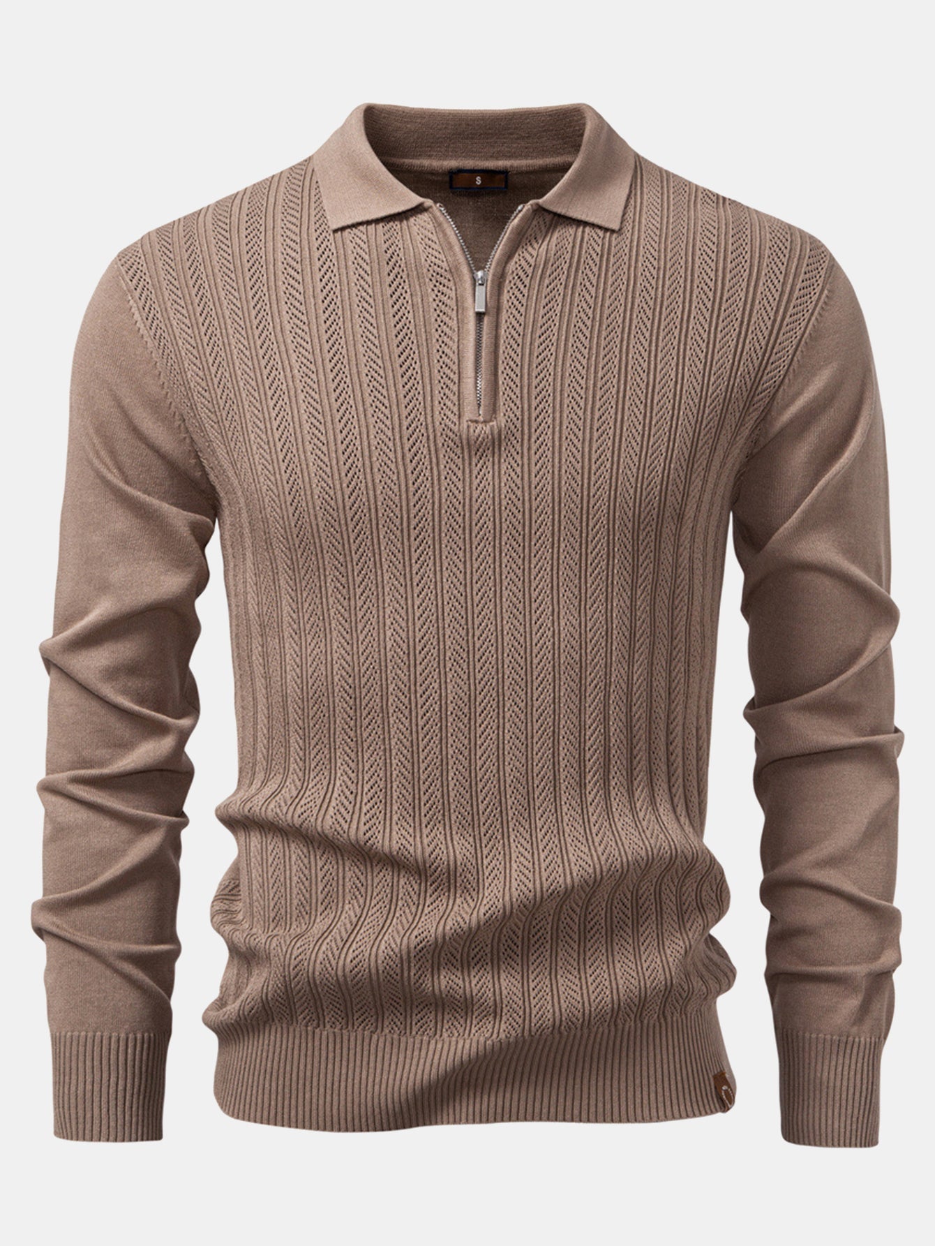 Long Sleeved Knitted Geometric Jacquard Zippe Polo Shirt