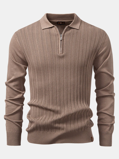 Long Sleeved Knitted Geometric Jacquard Zippe Polo Shirt