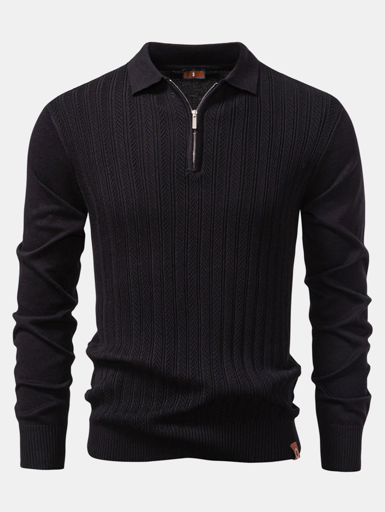 Long Sleeved Knitted Geometric Jacquard Zippe Polo Shirt