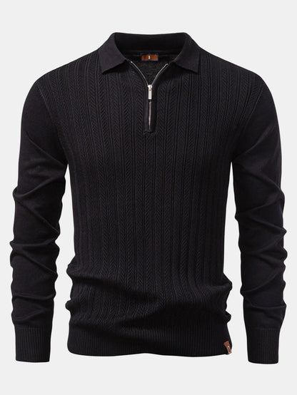 Long Sleeved Knitted Geometric Jacquard Zippe Polo Shirt