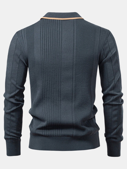 Long Sleeved Knitted Stripe Jacquard Polo Shirt