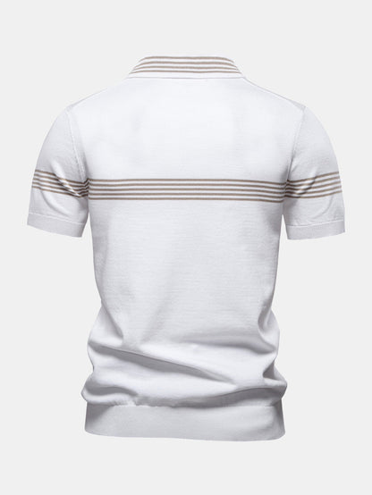 Stripe Knit Zip Up Polo Shirt