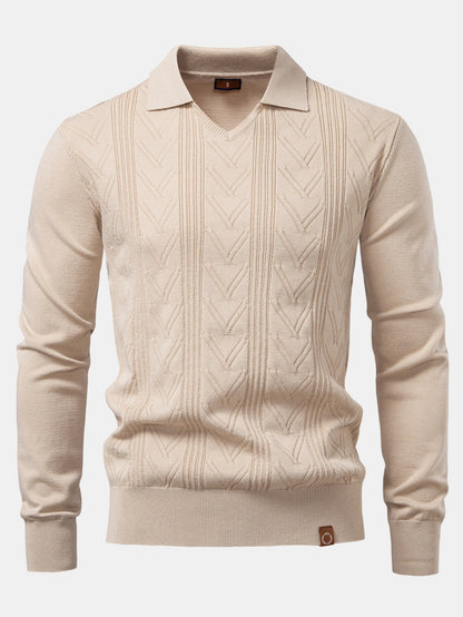 Long Sleeve V-Neck Knit Polo Shirt