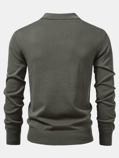 Long Sleeved Knitted Geometric Jacquard Zippe Polo Shirt
