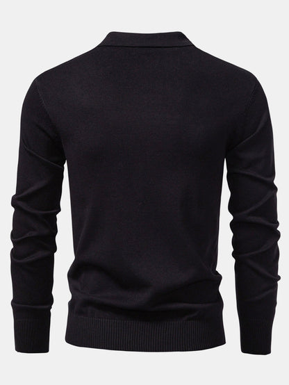 Long Sleeved Knitted Geometric Jacquard Zippe Polo Shirt