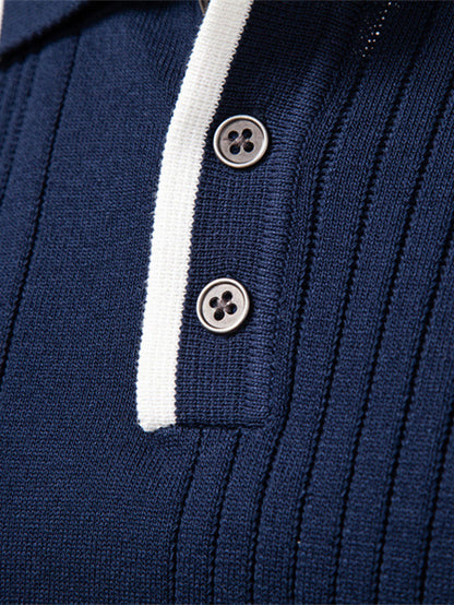 Long Sleeved Knitted Stripe Jacquard Polo Shirt