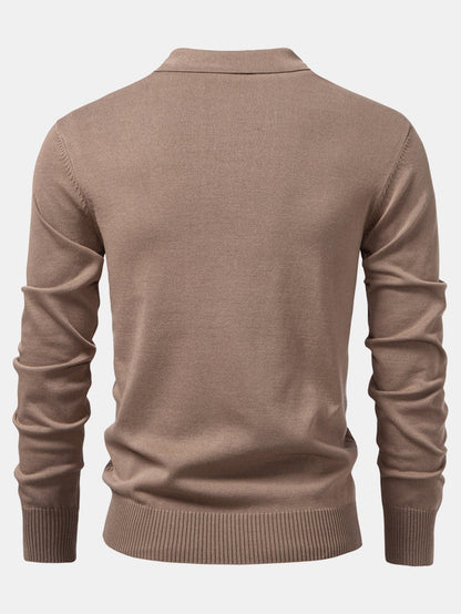 Long Sleeved Knitted Geometric Jacquard Zippe Polo Shirt