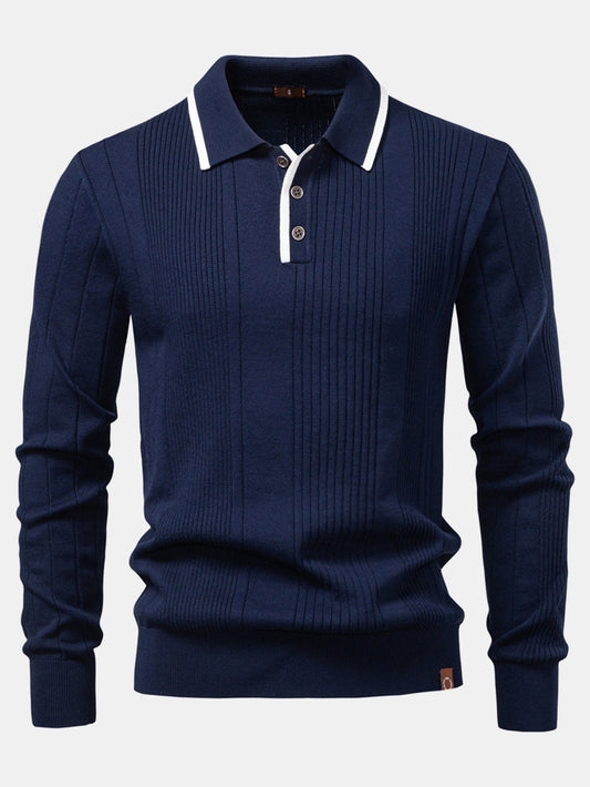 Long Sleeved Knitted Stripe Jacquard Polo Shirt