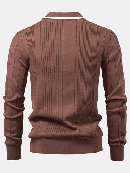 Long Sleeved Knitted Stripe Jacquard Polo Shirt