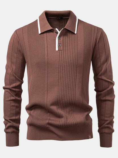 Long Sleeved Knitted Stripe Jacquard Polo Shirt
