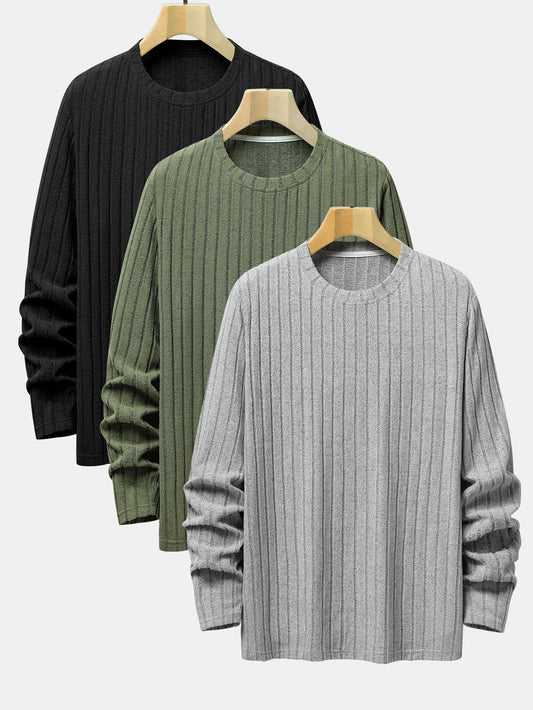3 Pieces Long Sleeve Knit Ribbed T-Shirts