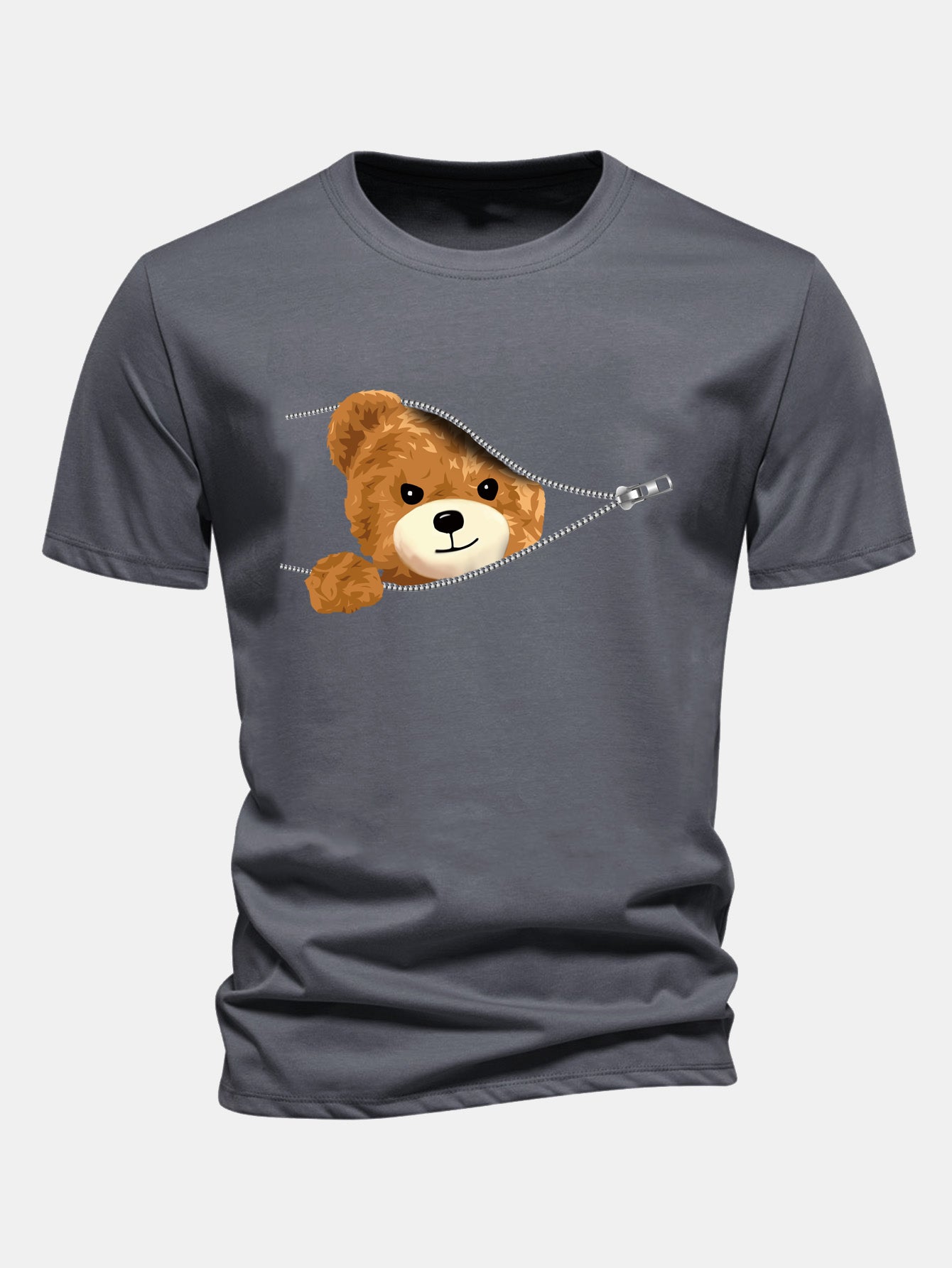 Regular Fit Zipper Bear Print Cotton T-Shirt