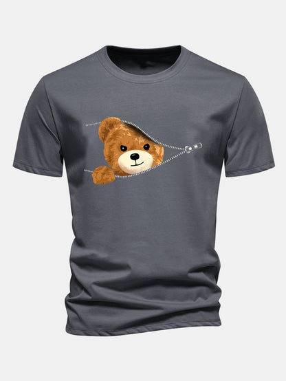 Regular Fit Zipper Bear Print Cotton T-Shirt