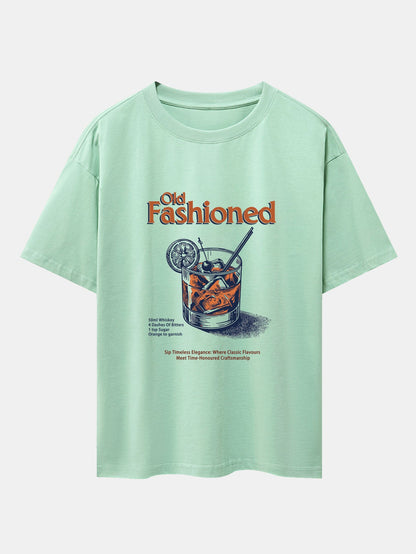 Vintage Whiskey Print Drop Shoulder Oversize T-Shirt