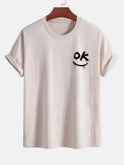 Regular Fit OK Smiley Face Print Cotton T-Shirt
