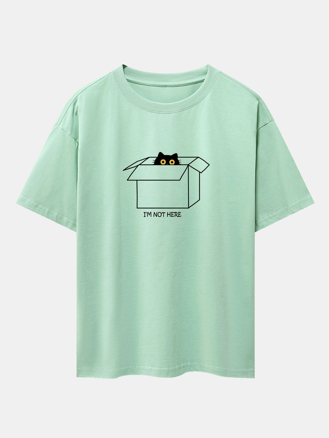 Black Cat Peeking Through Cardboard Print Drop Shoulder Oversize T-Shirt