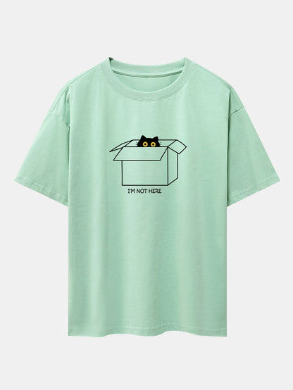 Black Cat Peeking Through Cardboard Print Drop Shoulder Oversize T-Shirt