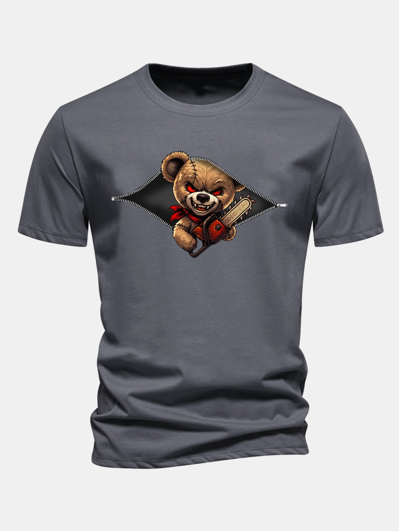 Regular Fit Halloween Zipper Evil Bear Print Cotton T-Shirt