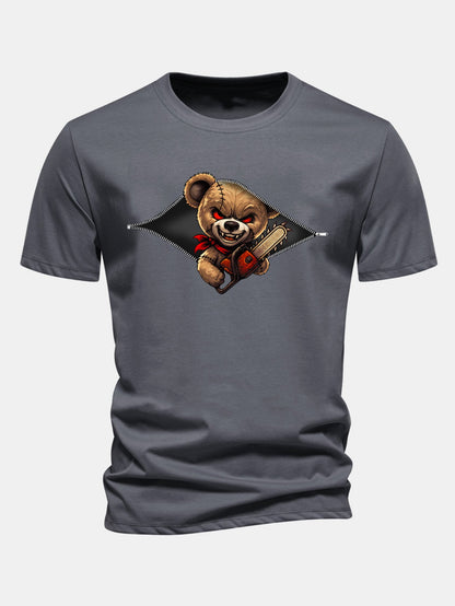 Regular Fit Halloween Zipper Evil Bear Print Cotton T-Shirt
