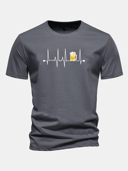 Regular Fit Beer Heartbeat Print Cotton T-Shirt