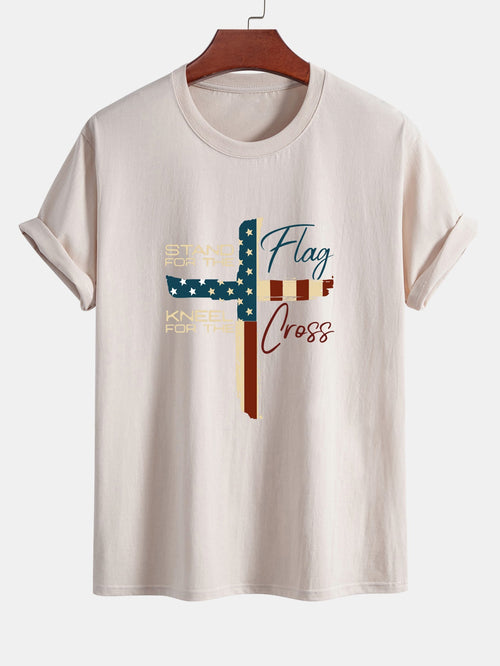 Regular Fit Retro American Flag Cross Print Cotton T-Shirt