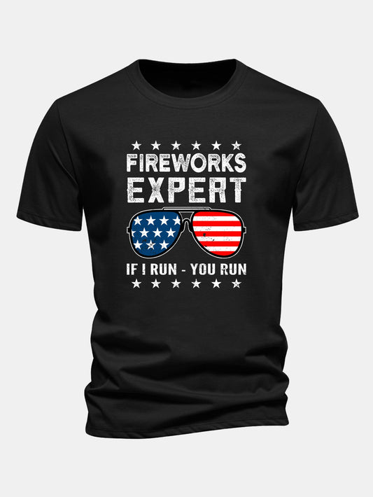 Regular Fit American Flag Sunglasses Print Cotton T-Shirt