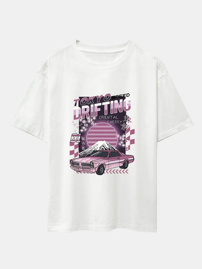 Tokyo Speed Car Print Drop Shoulder Oversize T-Shirt