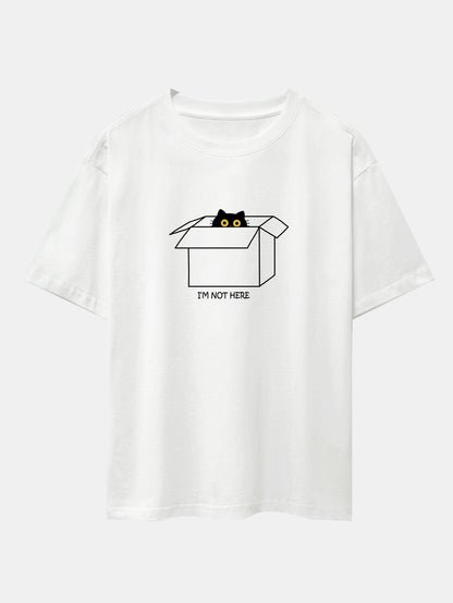 Black Cat Peeking Through Cardboard Print Drop Shoulder Oversize T-Shirt