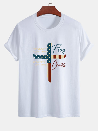 Regular Fit Retro American Flag Cross Print Cotton T-Shirt