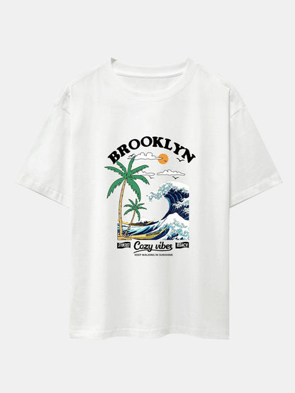 Beach Waves Print Drop Shoulder Oversize T-Shirt