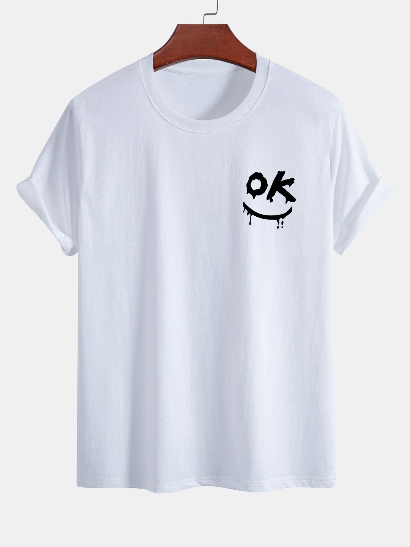Regular Fit OK Smiley Face Print Cotton T-Shirt