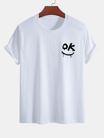 Regular Fit OK Smiley Face Print Cotton T-Shirt