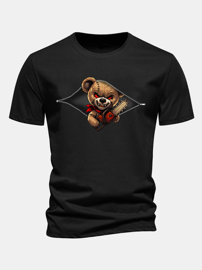 Regular Fit Halloween Zipper Evil Bear Print Cotton T-Shirt