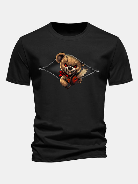 Regular Fit Halloween Zipper Evil Bear Print Cotton T-Shirt