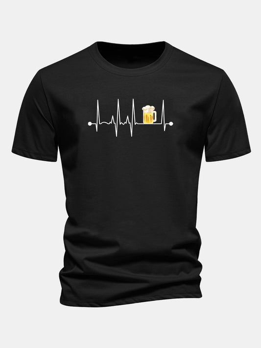 Regular Fit Beer Heartbeat Print Cotton T-Shirt
