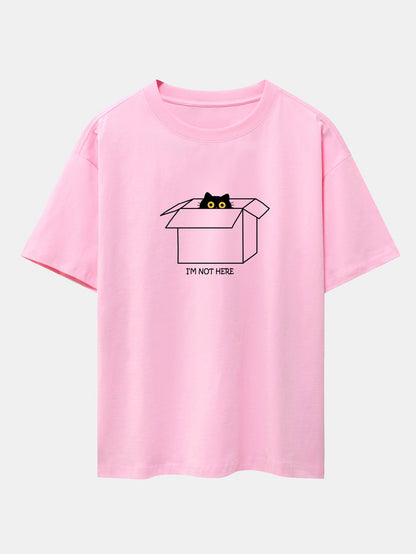 Black Cat Peeking Through Cardboard Print Drop Shoulder Oversize T-Shirt